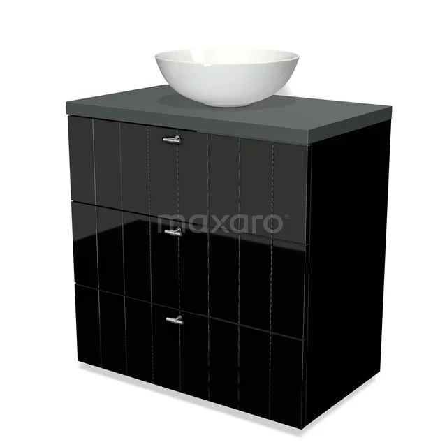 Glossy black bathroom cabinet with three drawers and a stylish white bowl-shaped basin, modern finish.
