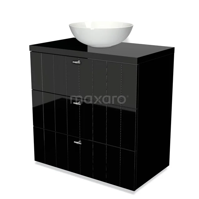 Modulo Plato Badkamermeubel voor waskom | 80 cm Hoogglans zwart Lamel front Hoogglans zwart blad 3 lades BMK19-00230