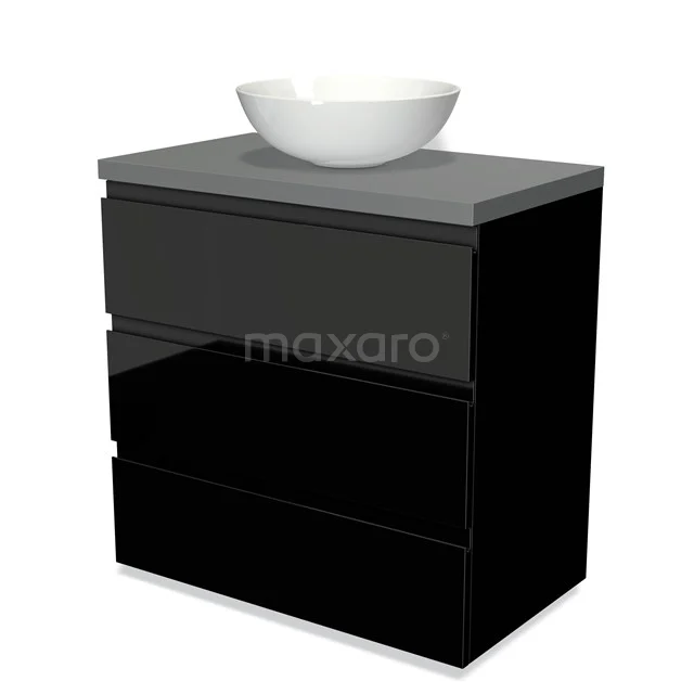 Modulo Plato Vanity units for countertop basin | 80 cm High-gloss black Handle-less front Mid grey worktop 3 drawers BMK19-00240 Black glossy bathroom cabinets with grey worktop and white bowl-shaped basin, modern and stylish design.