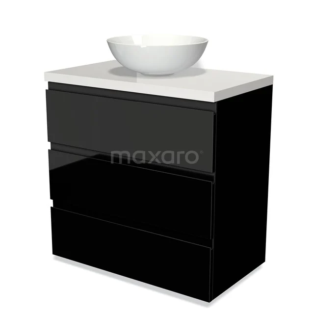 Black glossy bathroom unit with white ceramic countertop wash basin, modern design with three drawers.
