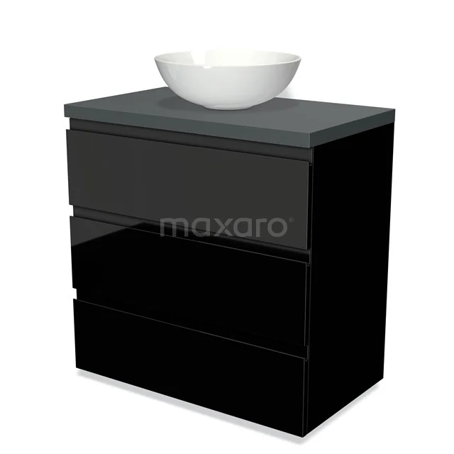 Modulo Plato Vanity units for countertop basin | 80 cm High-gloss black Handle-less front Dark grey worktop 3 drawers BMK19-00243 Black bathroom cabinet with glass drawer fronts, grey glass worktop and white countertop wash basin; modern design for a stylish bathroom.