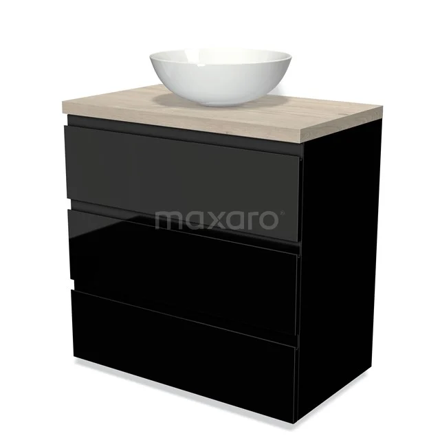 Black bathroom cabinet with glossy drawers, wooden worktop and white bowl-shaped basin; modern design, ideal for any bathroom.