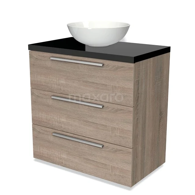 Modulo Plato Vanity units for countertop basin | 80 cm Oak Flat front High-gloss black worktop 3 drawers BMK19-00258