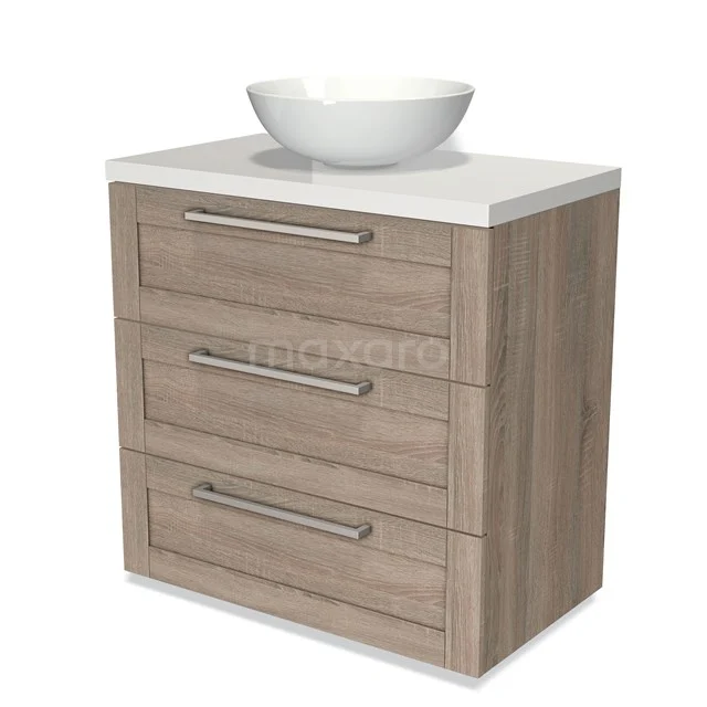 Modern light wood bathroom unit with three drawers and white vanity units for countertop wash basin, ideal for stylish bathroom storage.