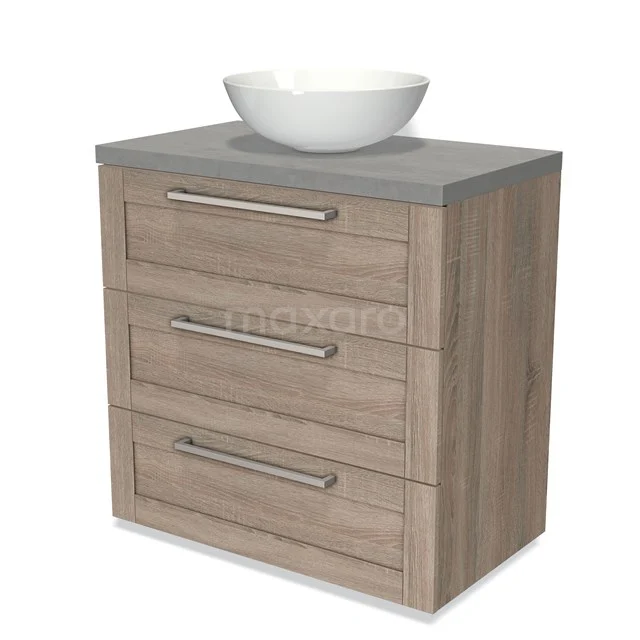 Wooden bathroom unit with three drawers, grey worktop and round white basin; ideal for modern bathroom design.
