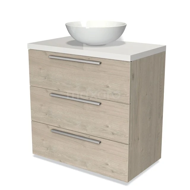 Badmöbel für Waschtischunterschrank mit Konsole 80cm Modulo Plato hellgraue Eiche 3 Schubladen Flach Hochglanz Weiß Platte BMK19-00283 Hölzerner Badschrank mit drei Schubladen, weißer Waschtischplatte und rundem Aufsatzwaschbecken, ideal für stilvolle Badezimmerlagerung.