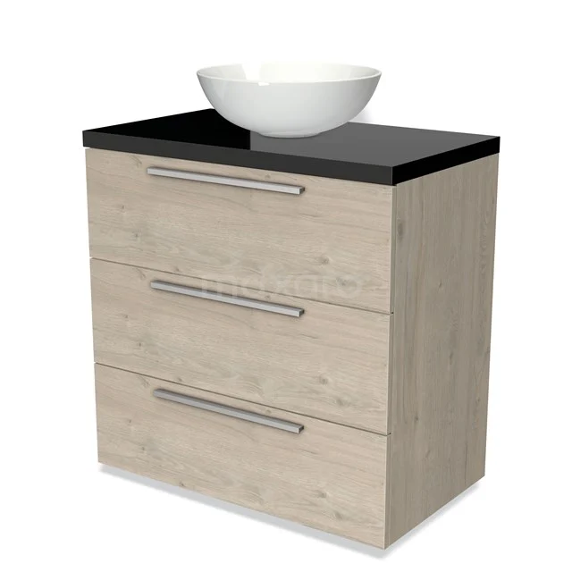 Holz-Badmöbel mit schwarzer Waschtischplatte, keramischem Aufsatzwaschbecken und drei Schubladen mit Metallgriffen, modernes und stilvolles Design.