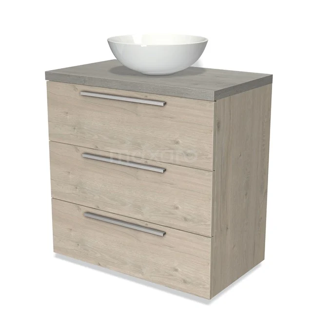 Holz-Badmöbel mit drei Schubladen, Betonlook Platte und weißem Aufsatzwaschbecken, ideal für einen modernen Badezimmerstil.