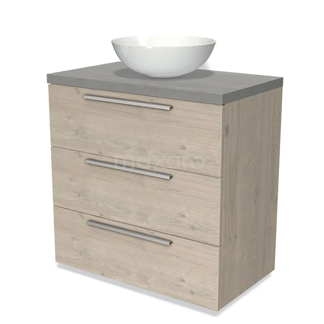 Holz-Badmöbel mit hellem Eiche-Design, grauer Platte und weißem schalenförmigen Waschbecken, modern und stilvoll.