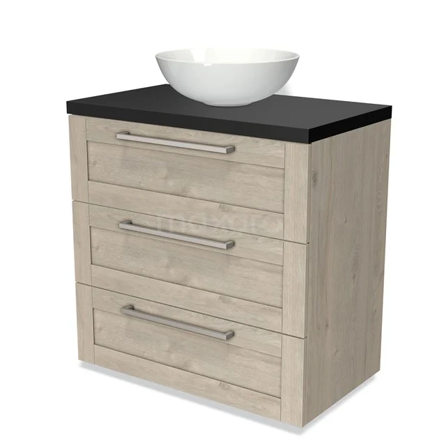 Wooden bathroom cabinet with three drawers, black top and white countertop wash basin; stylish piece of furniture for modern bathrooms.