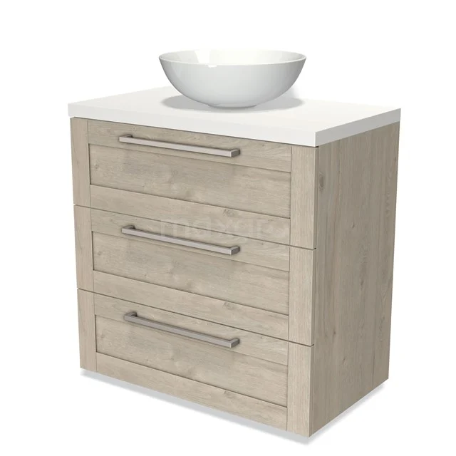 Wooden bathroom unit with white countertop wash basin, three drawers with metal handles, suitable for modern bathroom design.