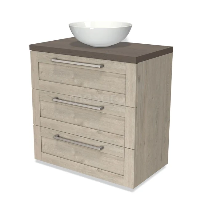Modulo Plato Vanity units for countertop basin | 80 cm Light grey oak Frame front Dark brown oak worktop 3 drawers BMK19-00305 Wooden bathroom unit with three drawers, dark worktop and white countertop wash basin, ideal for stylish bathroom design.