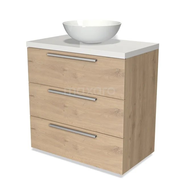Hölzernes Badezimmermöbel mit drei Schubladen und einem weißen Aufsatzwaschbecken, modernes Design, perfekt für ein stilvolles Badezimmer.