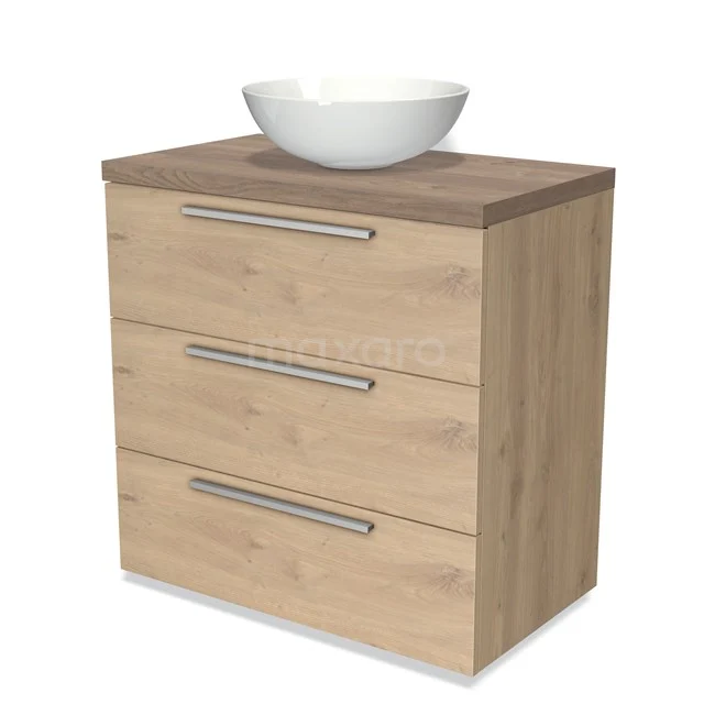 Holz-Badmöbel mit drei Schubladen, einer Naturholz-Platte und einem runden weißen Aufsatzwaschbecken, ideal für moderne Bäder.