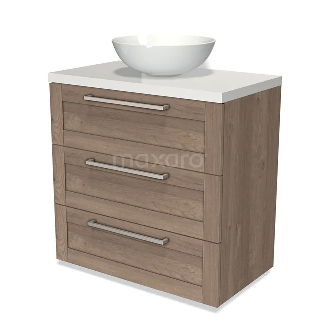 Wooden bathroom cabinet with three drawers and a white ceramic countertop wash basin on a sleek white worktop, ideal for a modern bathroom style.