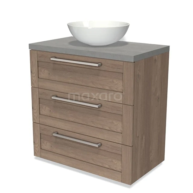 Wooden bathroom unit with three drawers, grey worktop and white bowl-shaped basin; practical and stylish design.