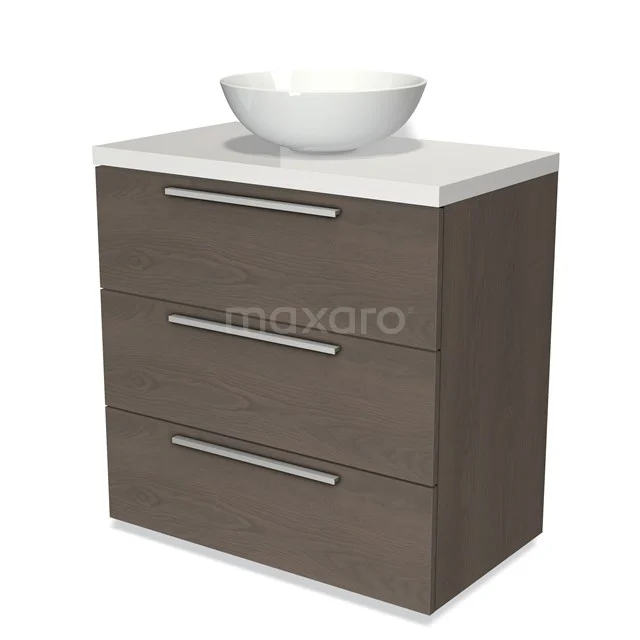 Badmöbel für Aufsatzwaschbecken 80cm Modulo Plato dunkelbraune Eiche 3 Schubladen Flach Hochglanz Weiß Platte BMK19-00367 Badezimmermöbel Holzoptik mit weißem keramischen Aufsatzwaschbecken, drei Schubladen und modernem Design für eine stilvolle Badezimmerinrichtung.