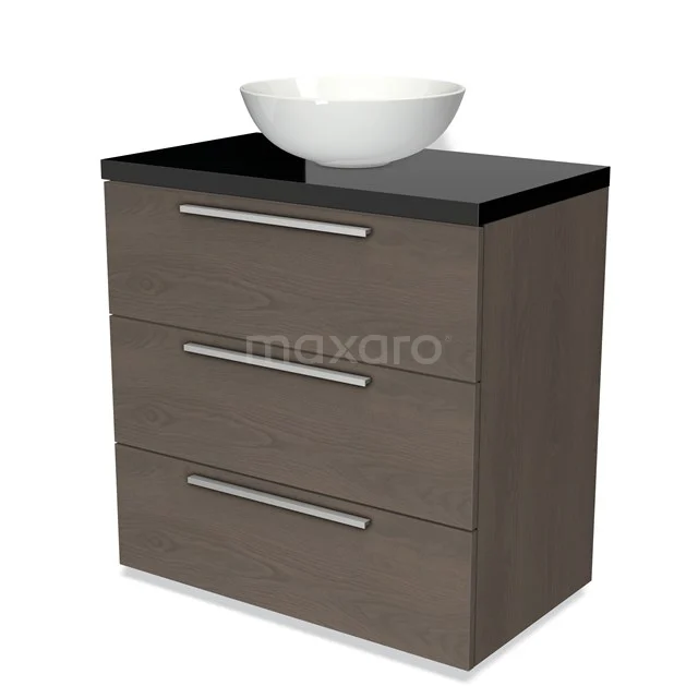 Waschtisch Holzoptik mit schwarzer Platte, schalenförmigem weißen Waschbecken und drei Schubladen, ideal für moderne Bäder.