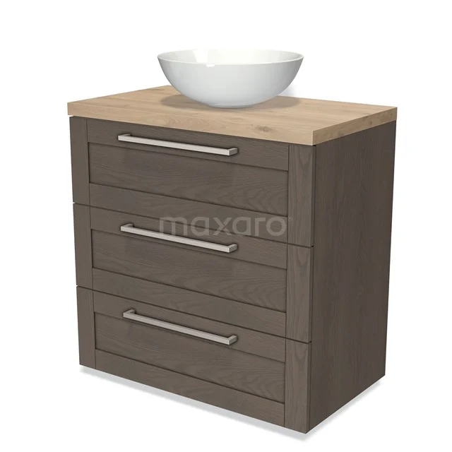Wooden bathroom unit with countertop wash basin, modern design, 3 drawers and metal handles for bathroom storage.