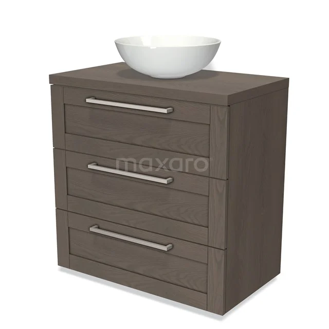 Modulo Plato Vanity units for countertop basin | 80 cm Dark brown oak Frame front Dark brown oak worktop 3 drawers BMK19-00389 Wooden bathroom unit with three drawers, brown Oak, and a white ceramic countertop basin.