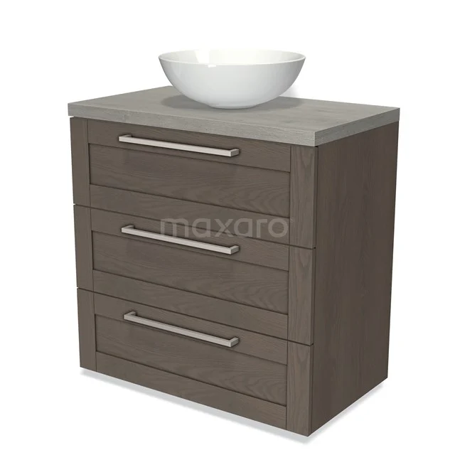 Modulo Plato Vanity units for countertop basin | 80 cm Dark brown oak Frame front Grey oak worktop 3 drawers BMK19-00390 Wooden bathroom unit with grey worktop and three drawers, white round countertop wash basin, modern design, perfect for a stylish bathroom.