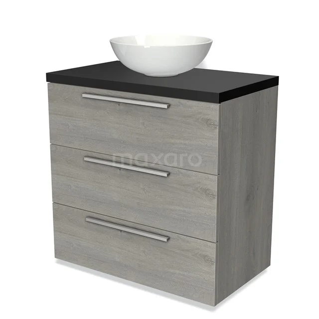 Modulo Plato Vanity units for countertop basin | 80 cm Grey oak Flat front Matte black worktop 3 drawers BMK19-00393 Grey wooden bathroom unit with three drawers, black top and white countertop basin, modern design.