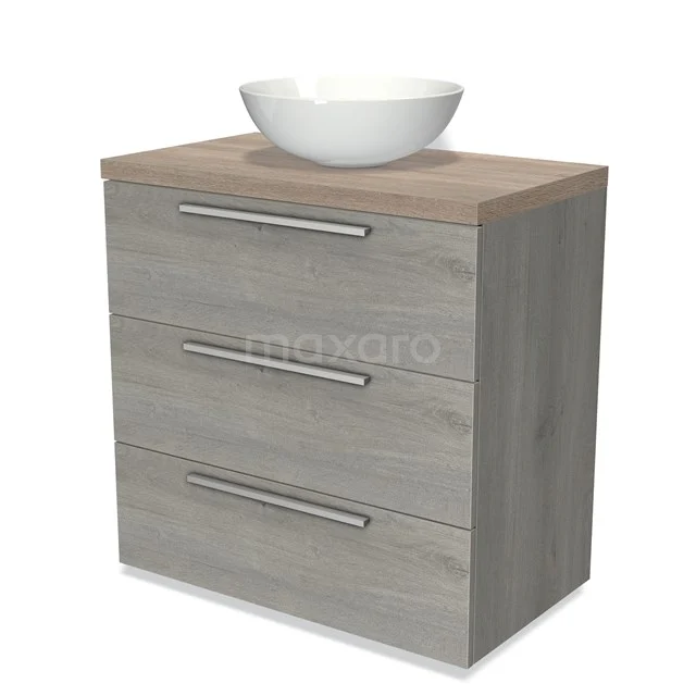 Grey wooden bathroom unit with three drawers, metal handles and round ceramic countertop wash basin on top.