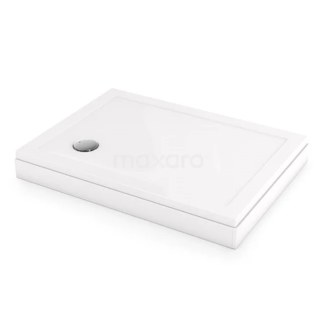 Rechteckige weiße Duschwanne aus Keramik, ausgestattet mit Abflussöffnung, ideal für moderne Bäder.