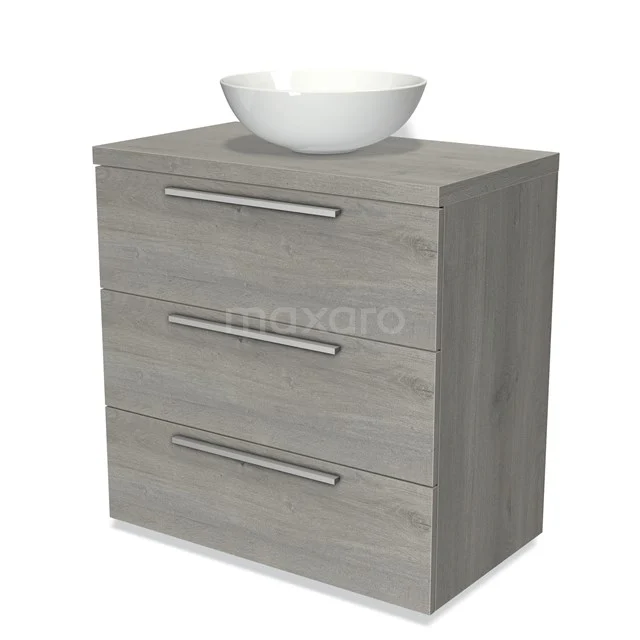 Grey wooden Bathroom cabinet with three drawers, metal handles and a round countertop wash basin on top, ideal for a modern bathroom.