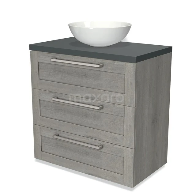 Modulo Plato Vanity units for countertop basin | 80 cm Grey oak Frame front Dark grey worktop 3 drawers BMK19-00411 Grey wooden bathroom unit with three drawers, black top and a white round countertop wash basin, modern and stylish design.