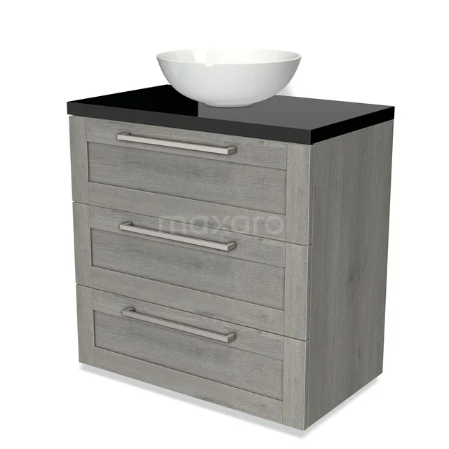Grey wooden bathroom unit with black top, white bowl sink and three drawers with metallic handles.