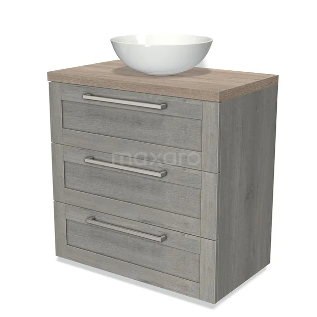Modulo Plato Vanity units for countertop basin | 80 cm Grey oak Frame front Oak worktop 3 drawers BMK19-00413 Grey wooden bathroom furniture set with three drawers, metal handles and a white countertop wash basin on top.