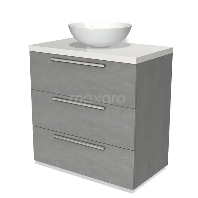 Badmöbel für Waschtischunterschrank mit Konsole 80cm Modulo Plato hellgrauer Beton 3 Schubladen Flach Hochglanz Weiß Platte BMK19-00423 Grauer Badschrank mit drei Schubladen, weißer Platte und einem rundes Waschbecken; modernes Design, ideal für Badezimmerlagerung.