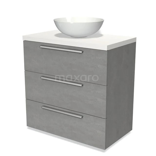 Grauer Badschrank mit weißer Waschbecken, drei Griffen, modernes Design, ideal für stilvolle Badezimmerlagerung.