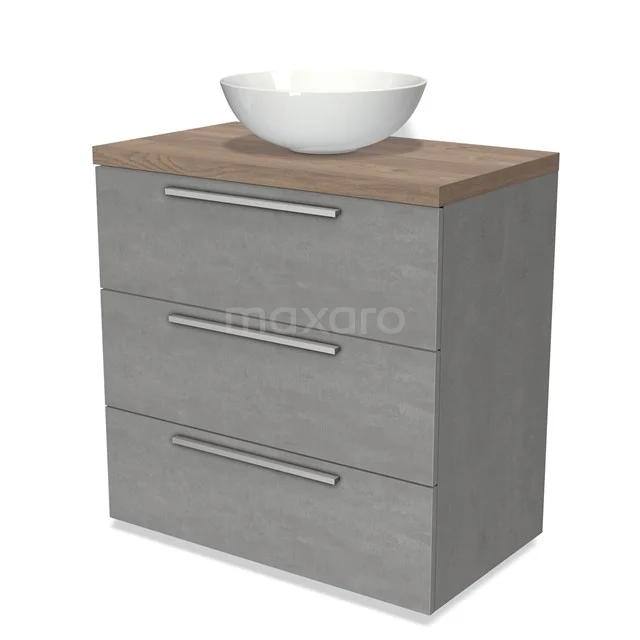 Modulo Plato Vanity units for countertop basin | 80 cm Light grey concrete Flat front Mid brown oak worktop 3 drawers BMK19-00430