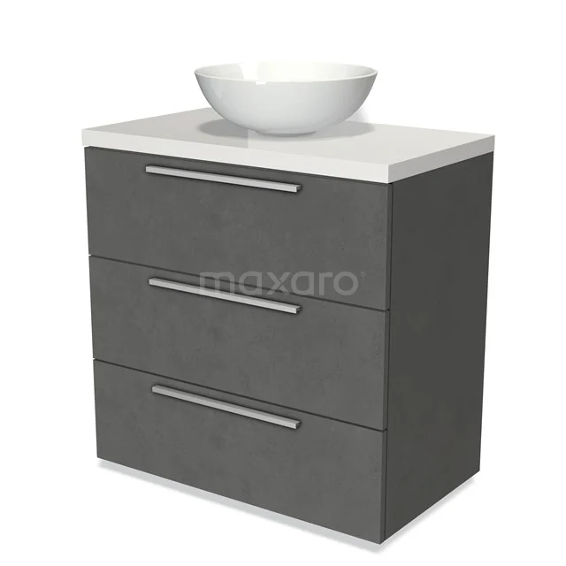 Grauer Badschrank mit drei Schubladen, weißem keramischen Aufsatzwaschbecken oben, modernes Design und hochwertige Verarbeitung.