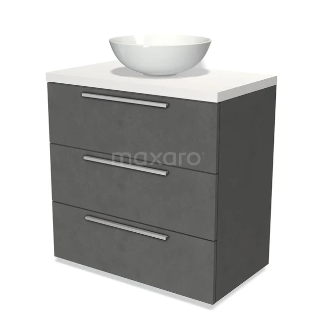 Dunkelgrauer Badschrank mit drei Schubladen und einem weißen Aufsatzwaschbecken, ideal für moderne Badezimmergestaltung.