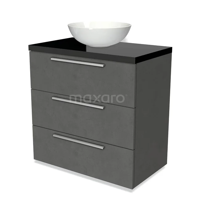 Modulo Plato Vanity units for countertop basin | 80 cm Dark grey concrete Flat front High-gloss black worktop 3 drawers BMK19-00440