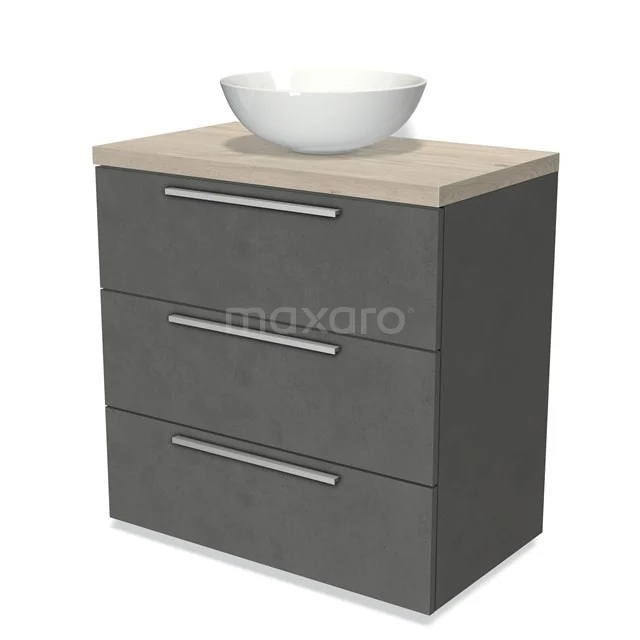 Modulo Plato Vanity units for countertop basin | 80 cm Dark grey concrete Flat front Light grey oak worktop 3 drawers BMK19-00442