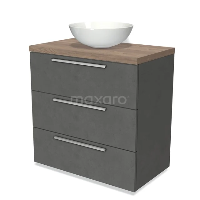 Modulo Plato Vanity units for countertop basin | 80 cm Dark grey concrete Flat front Mid brown oak worktop 3 drawers BMK19-00444