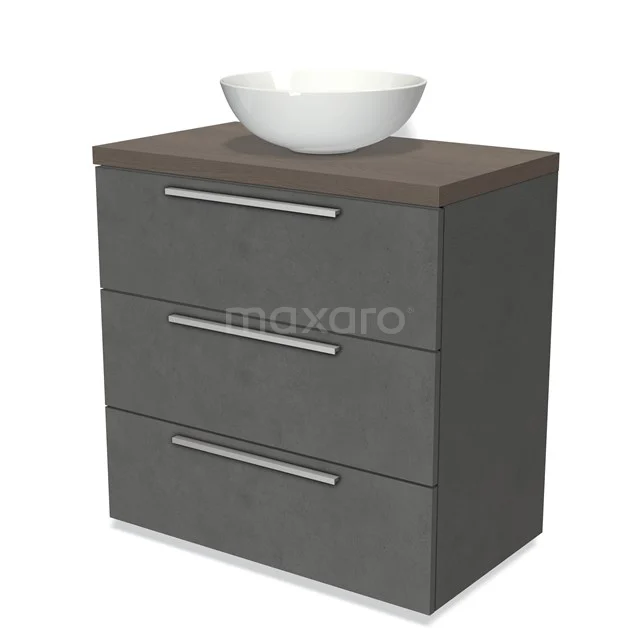 Modulo Plato Vanity units for countertop basin | 80 cm Dark grey concrete Flat front Dark brown oak worktop 3 drawers BMK19-00445