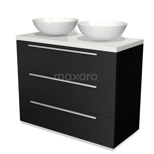 Schwarzes Badmöbel mit zwei weißen Aufsatzwaschbecken, schlichten Haltegriffen und einem modernen Design, ideal für stilvolle Badezimmerinrichtung.