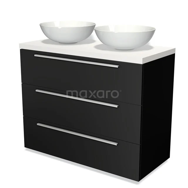 Schwarzes Badmöbel mit zwei weißen Aufsatzwaschbecken, schlichten metallischen Haltegriffen und einem modernen Design für ein zeitgemäßes Badezimmer.