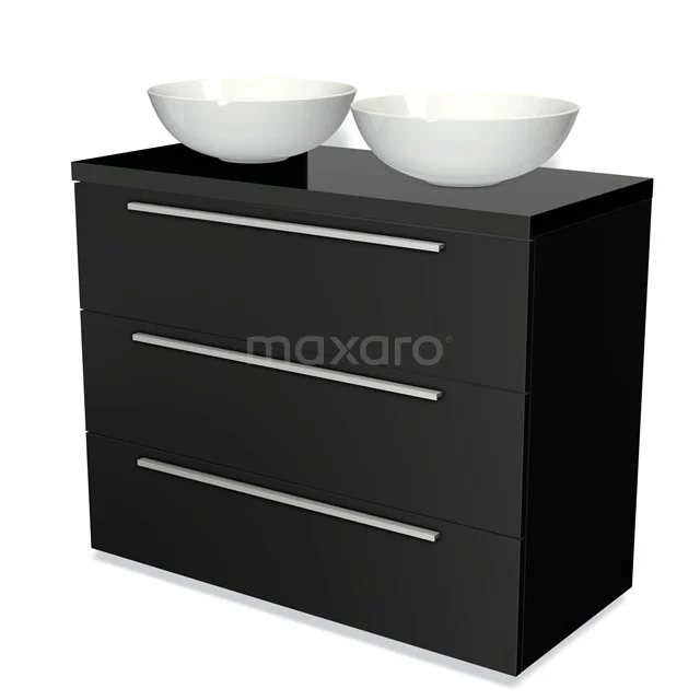 Modulo Plato Vanity units for countertop basin | 100 cm Matte black Flat front High-gloss black worktop 3 drawers BMK19-00454