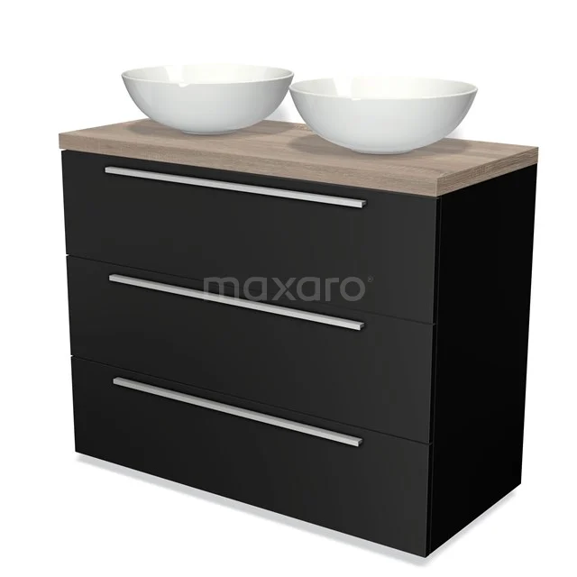 Modulo Plato Vanity units for countertop basin | 100 cm Matte black Flat front Oak worktop 3 drawers BMK19-00455