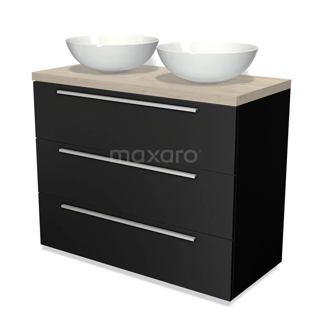 Modulo Plato Vanity units for countertop basin | 100 cm Matte black Flat front Light grey oak worktop 3 drawers BMK19-00456