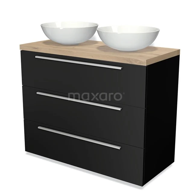 Schwarzes Badmöbel mit Holzlook Platte, drei Schubladen und doppelten weißen Aufsatzwaschbecken, ideal für einen modernen Badezimmerstil.