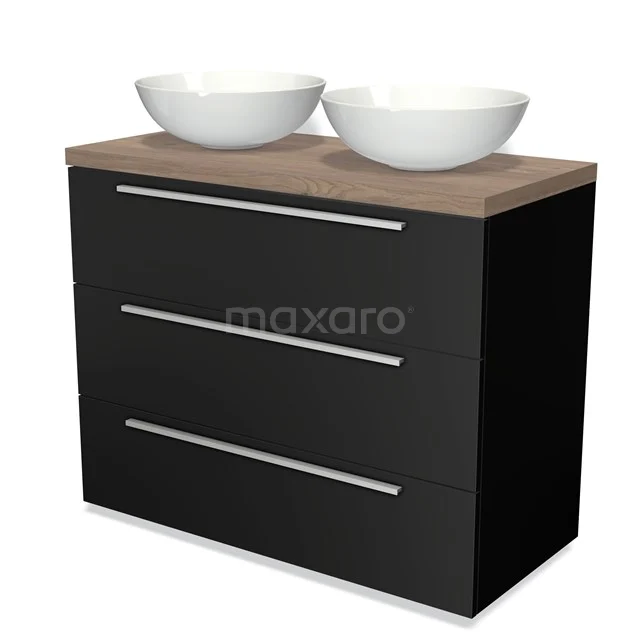 Badmöbel für Aufsatzwaschbecken 100cm Modulo Plato Matt Schwarz 3 Schubladen Flach Mittelbraune Eiche Platte BMK19-00458 Schwarze Badmöbel mit Holzplatte und doppelten weißen Aufsatzwaschbecken, modernes Design und geräumige Schubladen für Badezimmerlagerung.