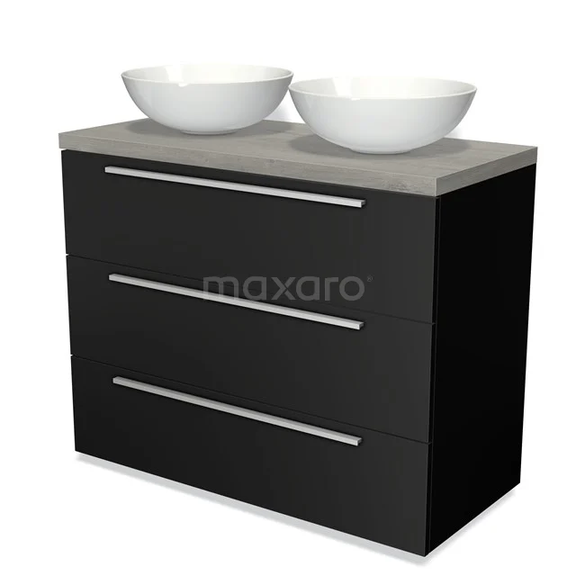 Modulo Plato Vanity units for countertop basin | 100 cm Matte black Flat front Grey oak worktop 3 drawers BMK19-00460