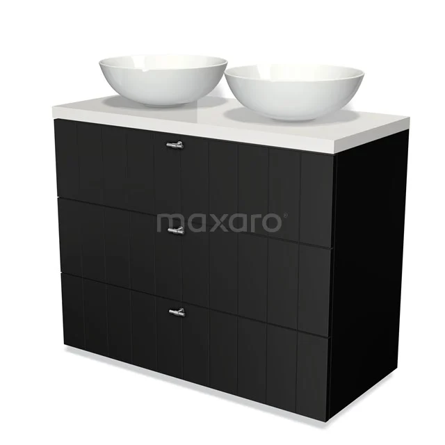 Schwarzes Badmöbel mit drei Schubladen, zwei weißen Aufsatzwaschbecken und modernem Design, ideal für stilvolle Bäder.